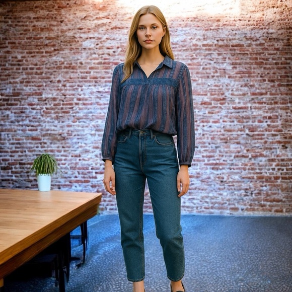 Lucky Brand Tops - Lucky Brand Blue and Red sheer Long Sleeve Blouse small